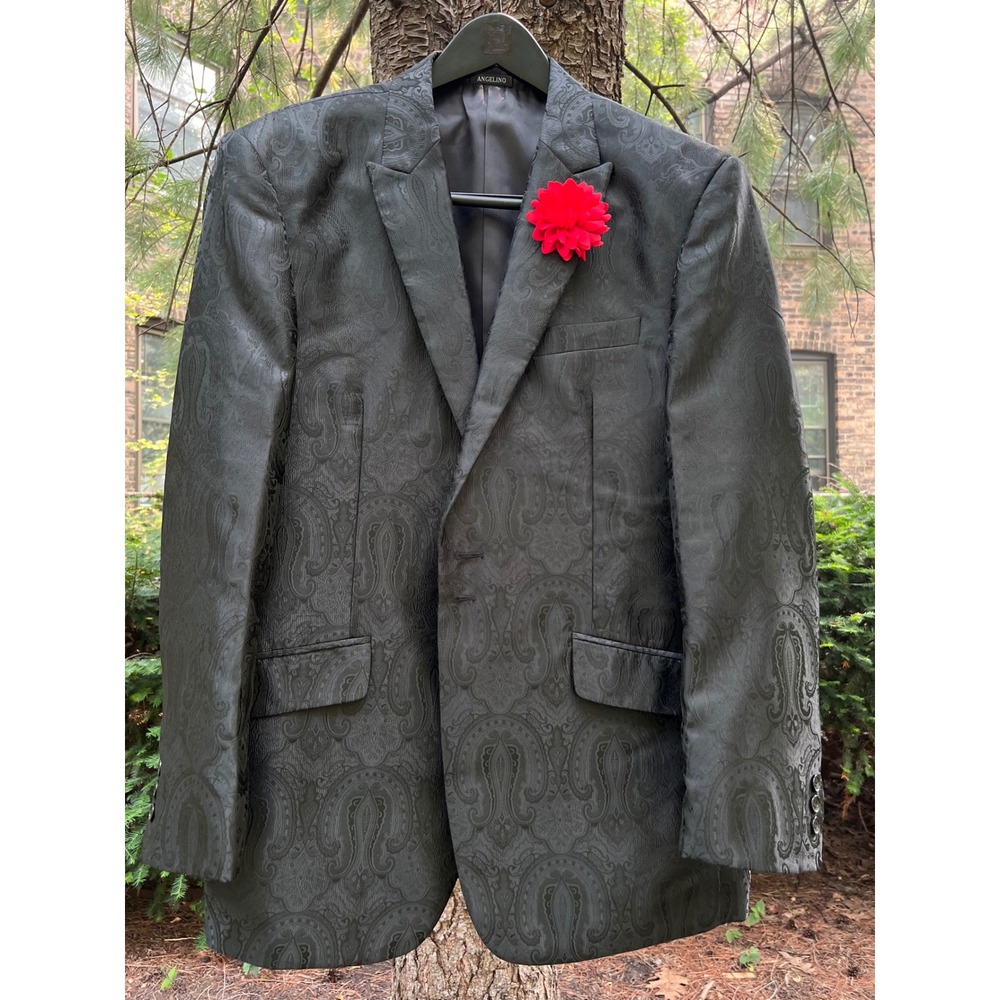ANGELINO Men's Black Paisley Jacquard Dinner Jacket with Magnet Lapel Pin 44R